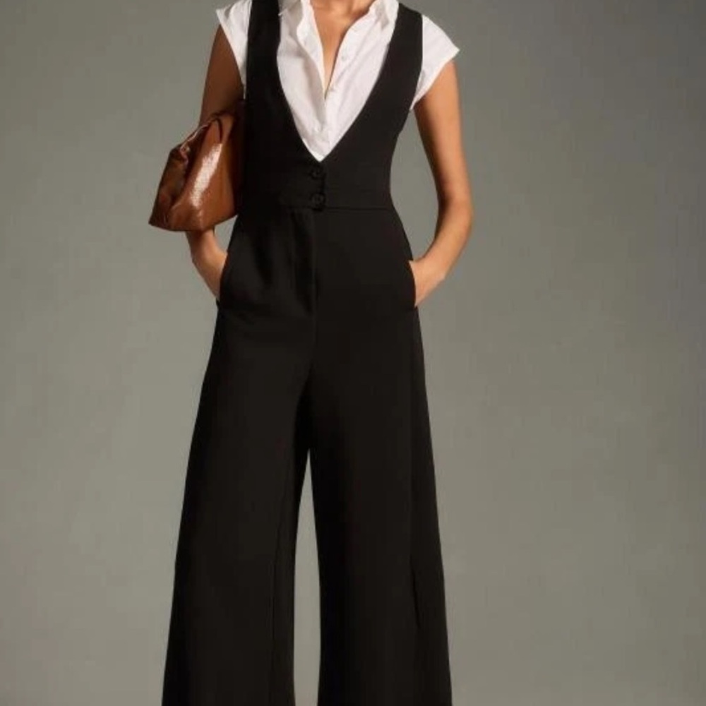 Maeve Anthropology V-Neck Pinafore Wide-Leg Jumpsuit
